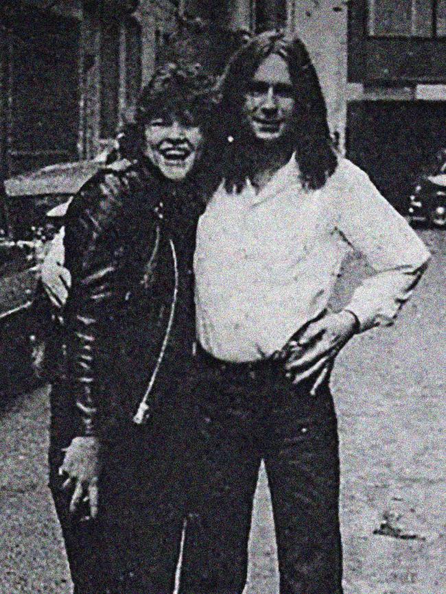 The first female roadie Tana Douglas with Status Quo Francis Rossi. Picture: Supplied/Roadies