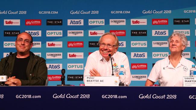 Commonwealth Games Artistic Director David Zolkwer, Chairman Peter Beattie and Commonwealth Games Federation President Louise Martin. Picture: Getty