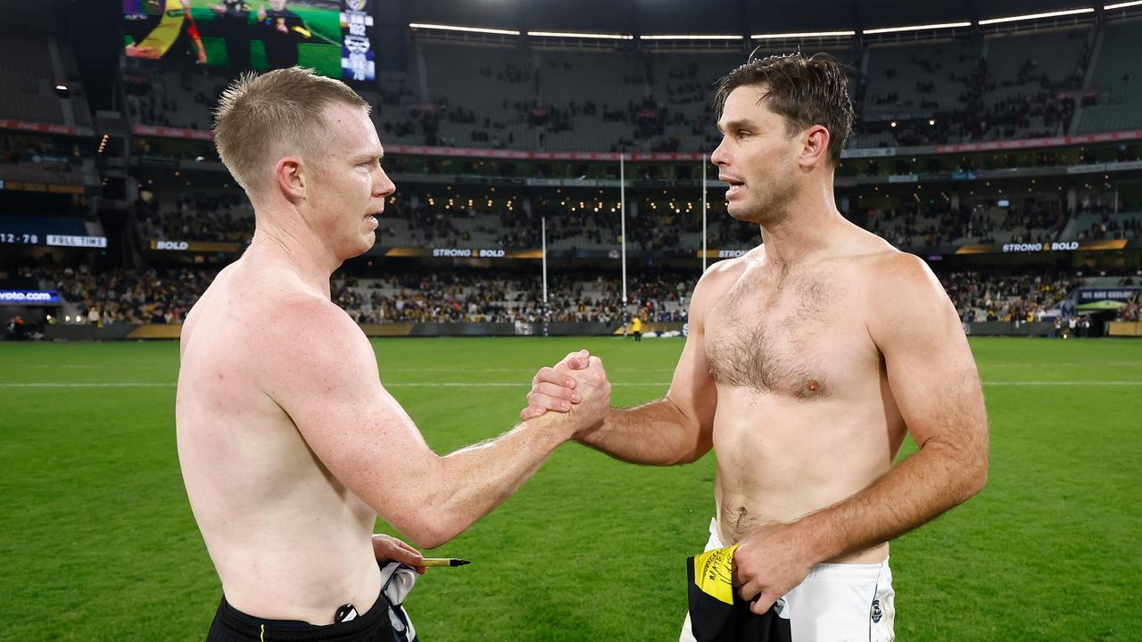 Two greats of the game. (Photo by Michael Willson/AFL Photos via Getty Images)