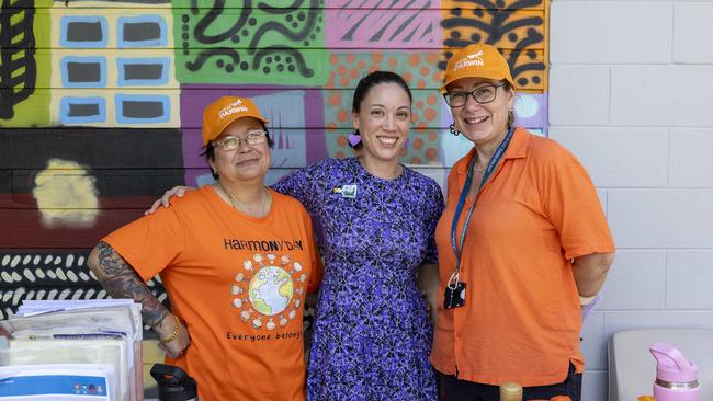 Elizabeth Szegedi, Lindey Mclanden and Jane Collins as families enjoy a day of fun and activities at a special Harmony Day celebration at the Malak Community Centre as part of the Fun Bus program. Picture: Pema Tamang Pakhrin