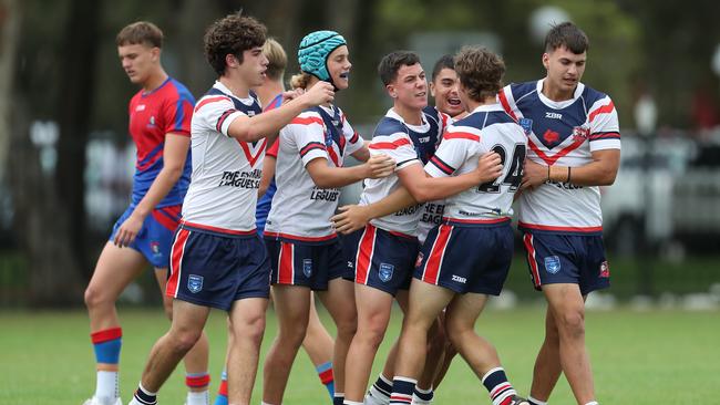 The Central Coast Roosters celebrate a try in the Andrew Johns Cup Grand Final. Picture: Sue Graham