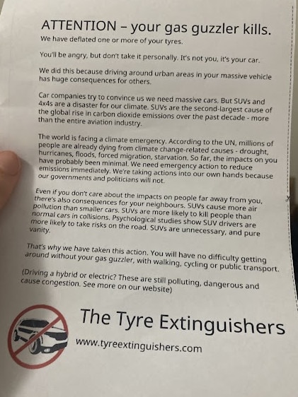 The note left by The Tyre Extinguishers to explain their bizarre act. Picture: Supplied.