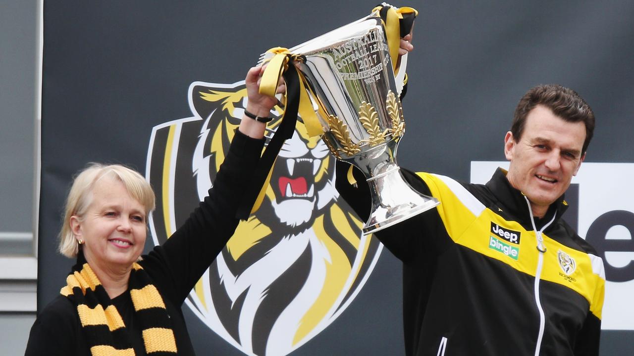 Peggy O'Neil and Brendon Gale with the 2017 premiership cup. Picture: Michael Dodge/Getty Images