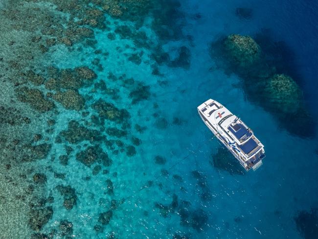 Aerial of Divers Den's AquaQuest boat on the Great Barrier Reef. Photo: TTNQ