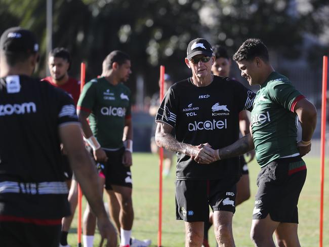 Coach Wayne Bennett with Latrell Mitchell. South Sydney Rabbitohs training at Redfern Oval. Picture: Dylan Robinson