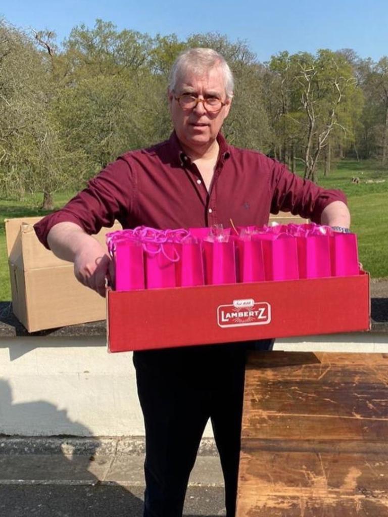 The pictures showed Prince Andrew helping to pack the bright pink bags. Picture: Instagram/Antonia Marshall