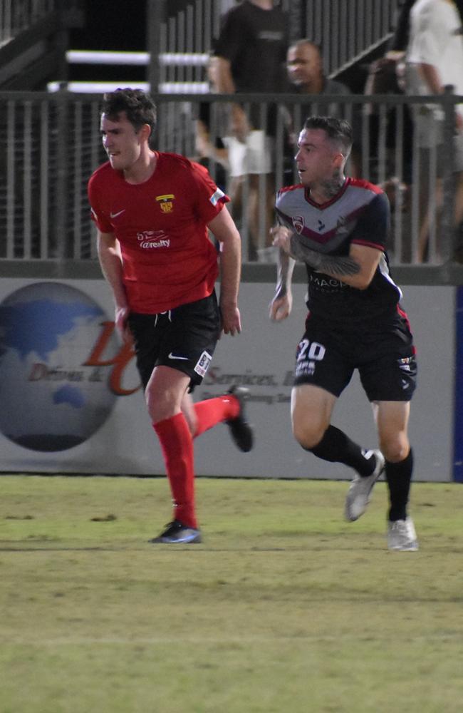 Crusaders captain Liam Shipton on the charge in Magpies Crusaders v Sunshine Coast Fire in the FQPL1 at Sologinkin Oval. Saturday, March 19, 2022. Picture: Tara Miko