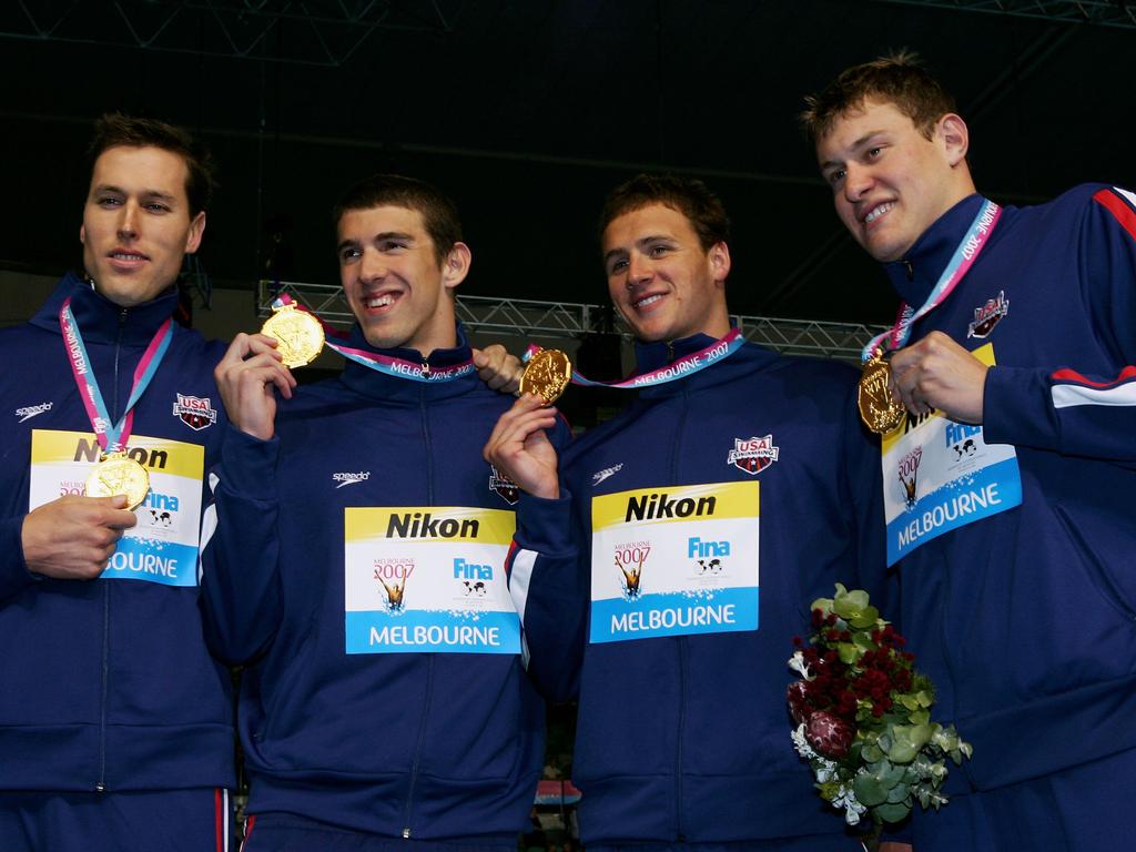 Klete Keller, Michael Phelps, Ryan Lochte and Peter Vanderkaay were a force in the men's 4x200m freestyle relay. (Photo by Mark Dadswell/Getty Images)