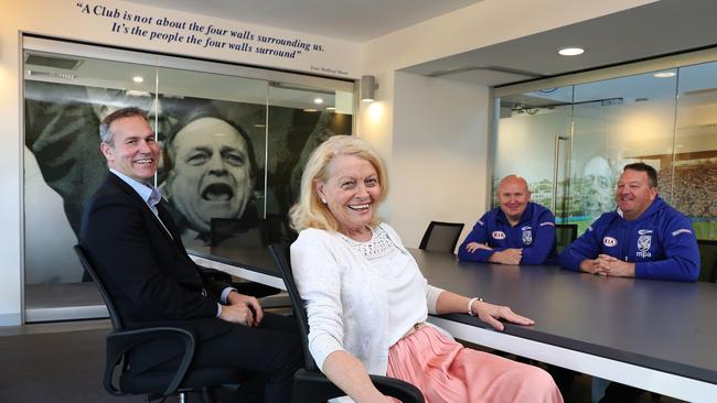 Bulldogs CEO Andrew Hill, Bulldogs Chair Lynne Anderson, Football Manager Stephen Litvensky and Pathways and Development Officer Craig Wilson in the boardroom at Belmore Sports Ground, Sydney. Picture: Brett Costello