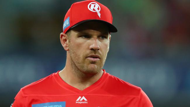 GOLD COAST, AUSTRALIA - JANUARY 01: Aaron Finch of the Renegades looks on during the Big Bash League match between the Melbourne Renegades and the Sydney Thunder at Metricon Stadium, on January 01, 2021, in Gold Coast, Australia. (Photo by Chris Hyde/Getty Images)