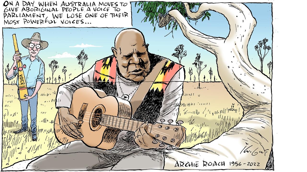 Cartoonist Mark Knight pays tribute to singer and songwriter Archie Roach who died on Saturday as Prime Minister Anthony Albanese put an Indigenous Voice to Parliament on the agenda.