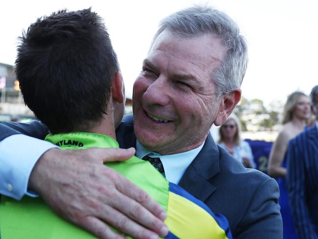 SYDNEY, AUSTRALIA - MARCH 30: Trainer Kris Lees celebrates after Dylan Gibbons riding Kalapour wins Race 8 KIA Tancred Stakes during "Stakes Day" - Sydney Racing at Rosehill Gardens on March 30, 2024 in Sydney, Australia. (Photo by Jeremy Ng/Getty Images)