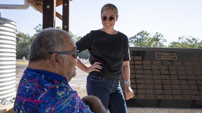 Steven Kemp completed the smoking ceremony on behalf of the Koinjmal people. He is pictured with Isaac Regional Council Acting Mayor Kelly Vea Vea near the St Lawrence memorial wall. Picture: Damien Carty