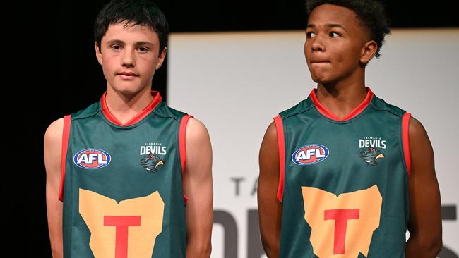 Future players unveil the new Tasmania Devils jersey. (Photo by Steve Bell/Getty Images)
