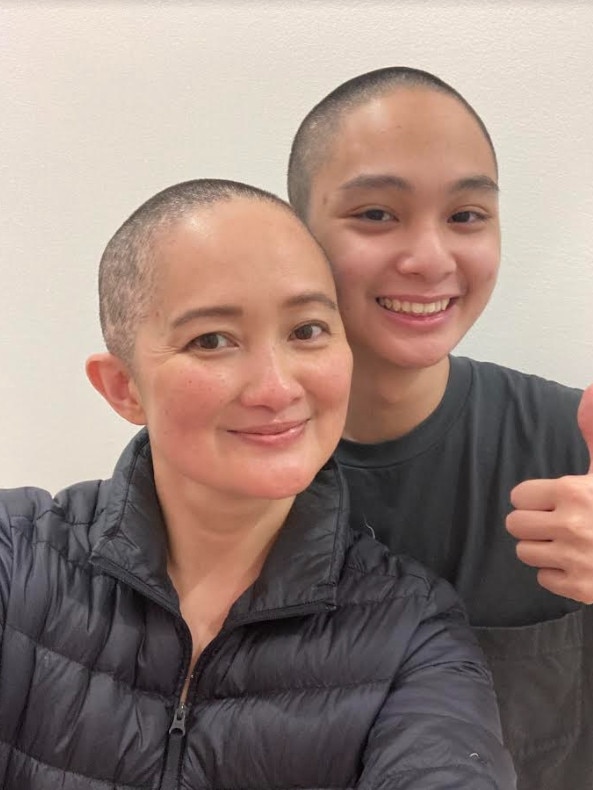 Czarina Deldio with son Gabriel, who shaved his head in solidarity. Source: Supplied