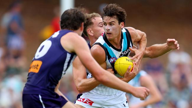 Connor Rozee in action against the Dockers on Thursday night. Picture: James Worsfold/AFL Photos