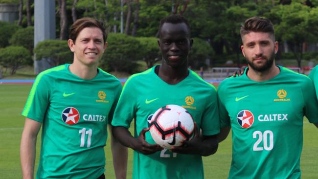 South Australian Socceroos Craig Goodwin, Awer Mabil and Brandon Borrello. Picture: Michael Puterflam / FFA