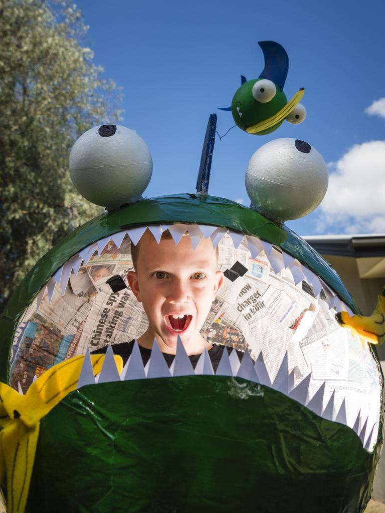 Clifton State School student Caleb Morris with his piranha costume. Picture: Kevin Farmer