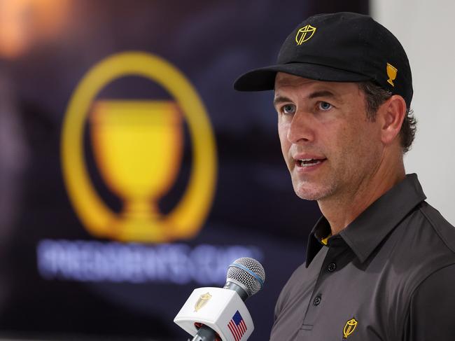 CHARLOTTE, NORTH CAROLINA - SEPTEMBER 20: Adam Scott of Australia and the International Team is interviewed during a press conference prior to the 2022 Presidents Cup at Quail Hollow Country Club on September 20, 2022 in Charlotte, North Carolina. (Photo by Warren Little/Getty Images)