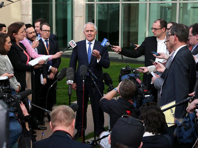 Malcolm Turnbull holding a press conference at Parliament House announcing he would be challenging Tony Abbott for the leadership in 2015. Picture: Kym Smith