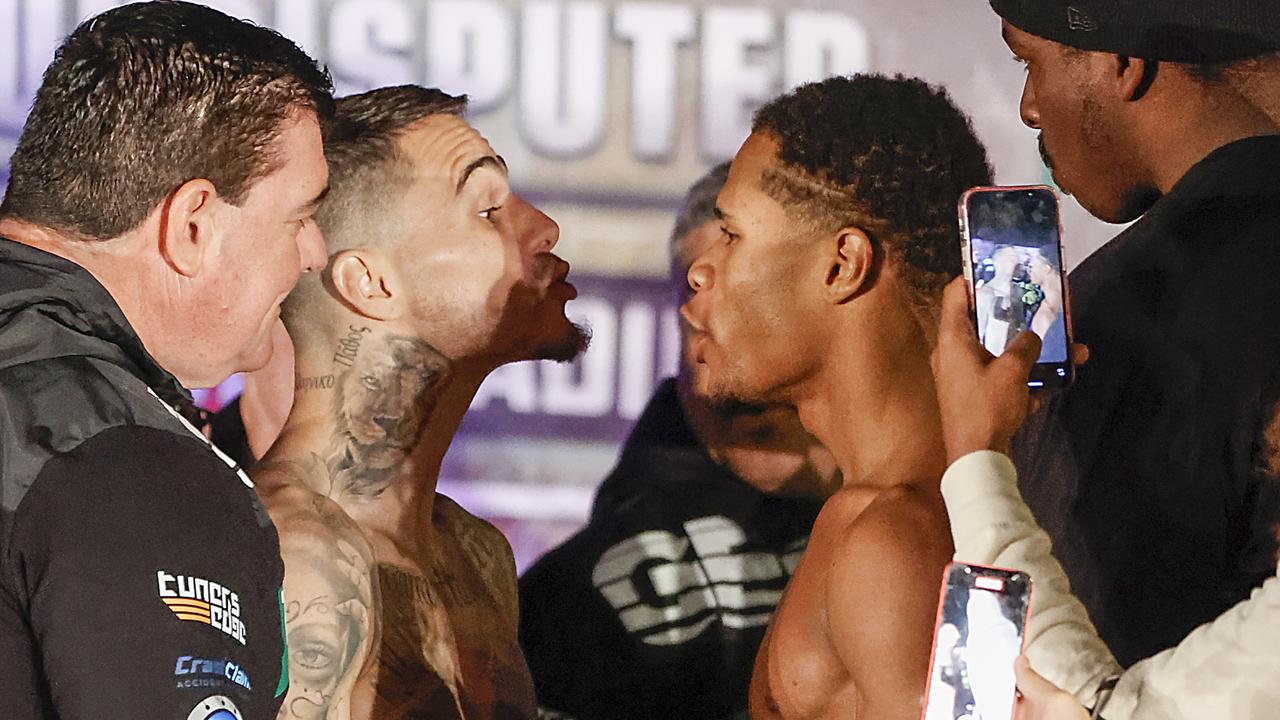 George Kambosos Jnr and Devis Haney weighing in at Margaret Court Arena. Picture: Alex Coppel