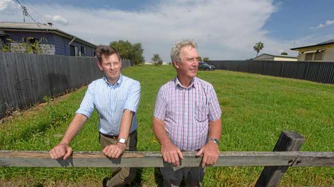 Clarence Village CEO Duncan McKimm and chairman Geoff Shepherd on the land they plans for new housing. They are calling on the government to assist with affordable housing for elderly. Picture: Adam Hourigan