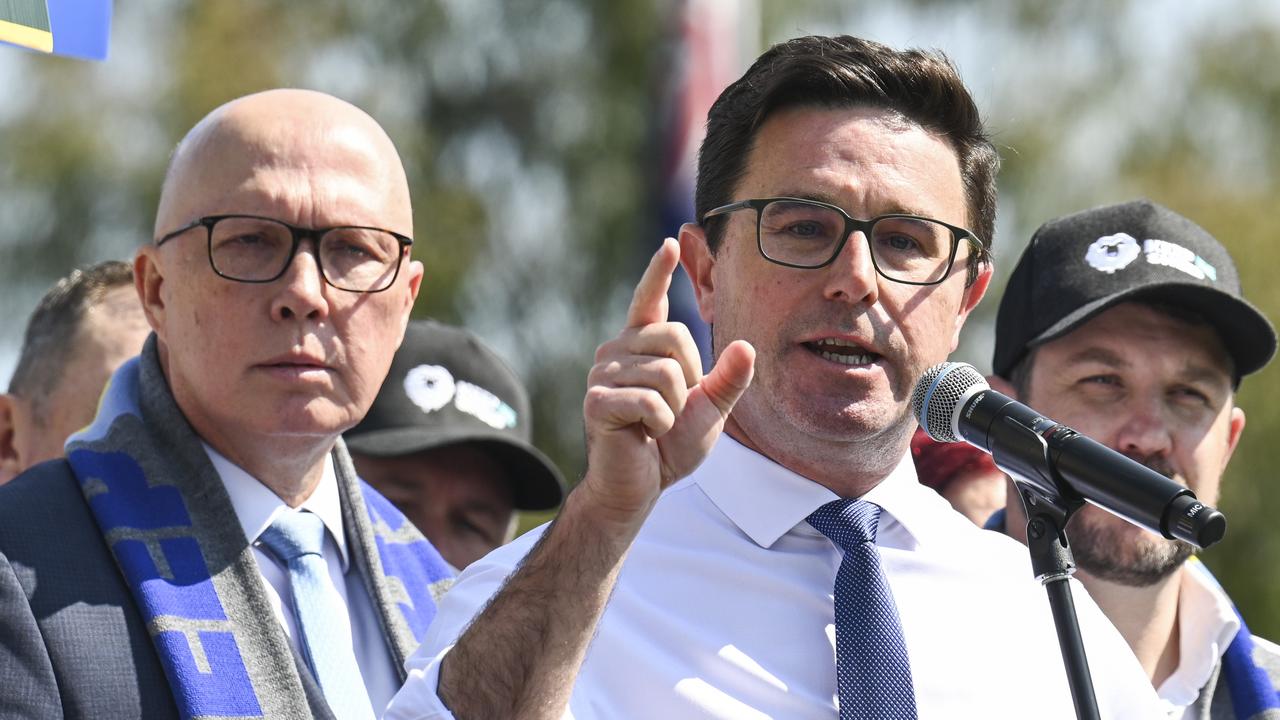 Nationals leader David Littleproud addresses a National Farmers' Federation rally in Canberra on September 10, watched by Opposition Leader Peter Dutton. Picture: NewsWire / Martin Ollman