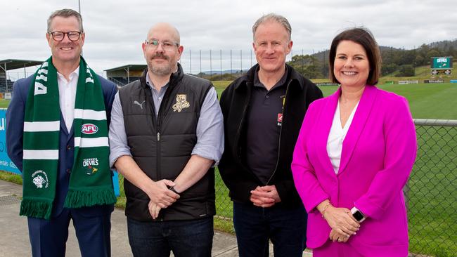 Chair of the Tasmania Football Club, Grant O’Brien, Kingborough Tigers President Dan Wiley, Jeff Ross from Kingborough Knights, and Mayor of Kingborough Paula Wriedt at the Twin Ovals in Kingston announcing that the Devils AFL high performance centre will be built in Kingston. Picture: Linda Higginson