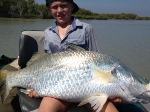 Josh Fisher with a 126cm barra caught at Shady Camp