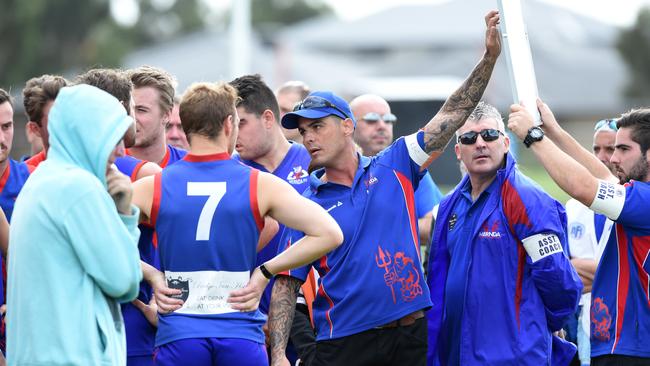 Mernda coach Jason Ford dishes out instructions. Picture: Kylie Else.