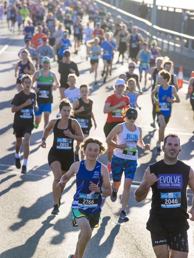 Run the Bridge Fun Run 2020 across Tasman Bridge. Picture: RICHARD JUPE