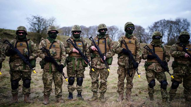 Ukrainian soldiers take part in a training session during the visit by Foreign Affairs Minister Penny Wong and Deputy Prime Minister Richard Marles. Picture: Ben Birchall / Pool / AFP