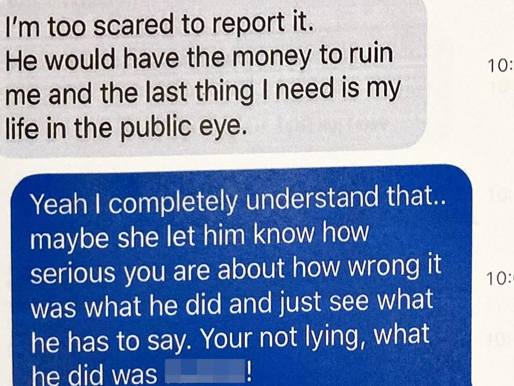 A text which Jarryd Hayne's victim sent to a friend after the assault. Picture: Supplied.