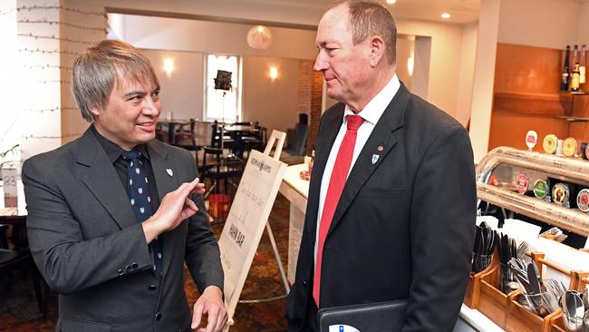 Conservative National Party candidate for Boothby Adrian Cheok with Fraser Anning at the German Arms in Hahndorf. Picture: Tom Huntley