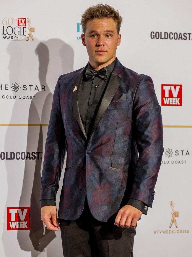 Actor Lincoln Lewis sporting an unusual print on his tux jacket at the Logies. Picture: Jerad Williams