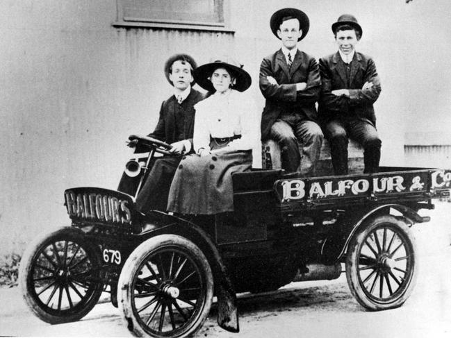 Early Balfours delivery vehicle car outside the bakery. 