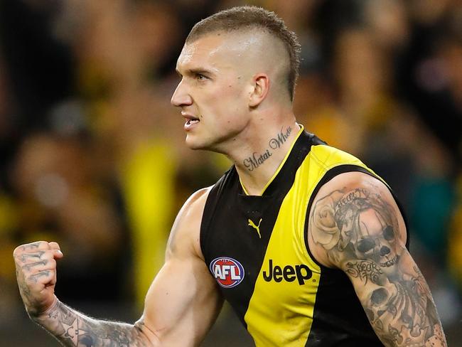 MELBOURNE, AUSTRALIA - SEPTEMBER 23: Dustin Martin of the Tigers celebrates a goal during the 2017 AFL Second Preliminary Final match between the Richmond Tigers and the GWS Giants at the Melbourne Cricket Ground on September 23, 2017 in Melbourne, Australia. (Photo by Adam Trafford/AFL Media/Getty Images)