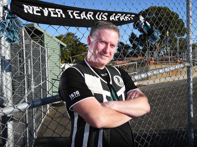 Justin Leckie at Alberton Ovals Seventh Avenue entrance where the old scoreboard has been removed by council Wednesday,April,8,2020.Picture Mark Brake