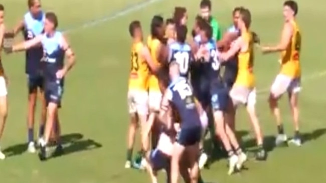 St Mary's and Darwin Buffaloes brawl at half time in their Round 18 match of the 2023-24 NTFL season.