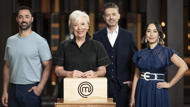 Maggie Beer on MasterChef, with judges Andy Allen, Melissa Leong and Jock Zonfrillo. Picture: Network Ten