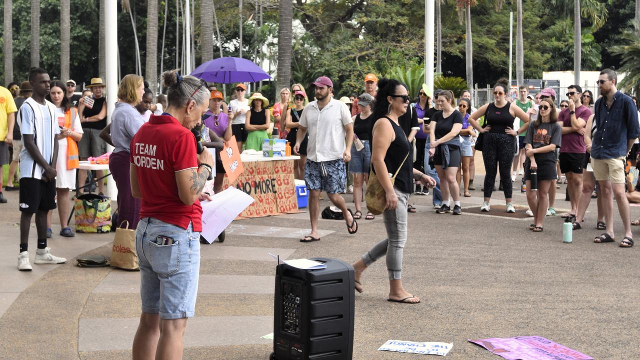 Prevention of Domestic, Family and Sexual Violence Minister Kate Worden reads the names of 54 women and children who have died as a result of DFSV in 2024 at the Darwin No More Violence rally at Parliament House, 2024. Picture: Sierra Haigh