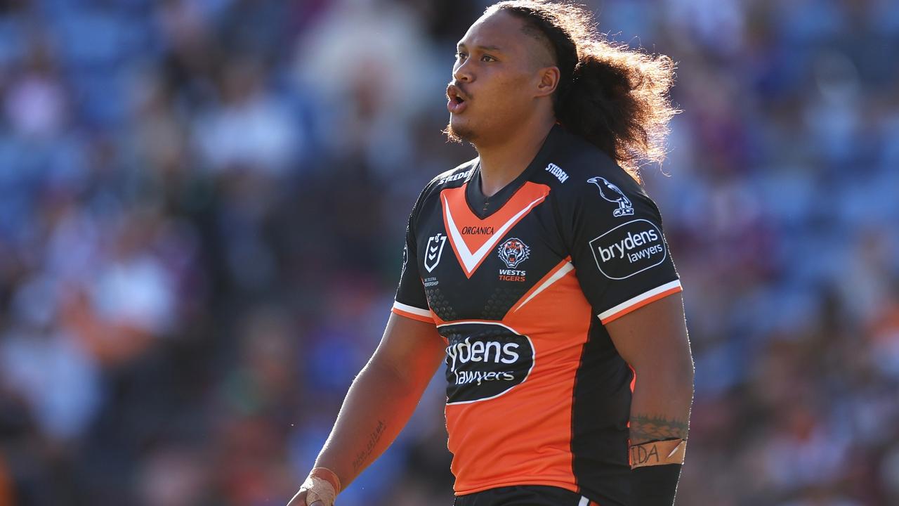 NEWCASTLE, AUSTRALIA - MARCH 20: Luciano Leilua of the Wests Tigers looks on during the round two NRL match between the Newcastle Knights and the Wests Tigers at McDonald Jones Stadium, on March 20, 2022, in Newcastle, Australia. (Photo by Cameron Spencer/Getty Images)