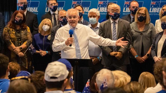 Prime Minister Scott Morrison speaks to Liberal supporters in Perth. Picture: Jason Edward