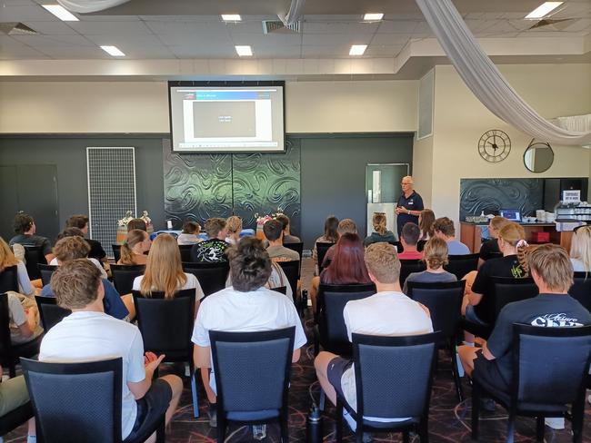 Bill Winters speaking at a school about road safety in the Goulburn Valley.