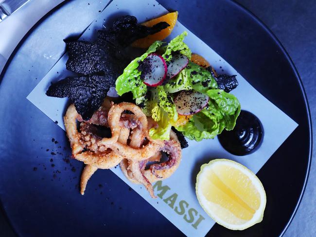 Spiced-fried calamari with fennel and squid ink aioli. Picture Rebecca Michael.