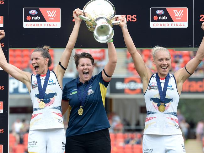 GOLD COAST, AUSTRALIA - March 25: The Crows celebrate victory during the 2017 AFL Womens Grand Final match between the Brisbane Lions and the Adelaide Crows on 25th March 2017 at Metricon Stadium on the Gold Coast, Australia. (Photo by Bradley Kanaris/News Corp )