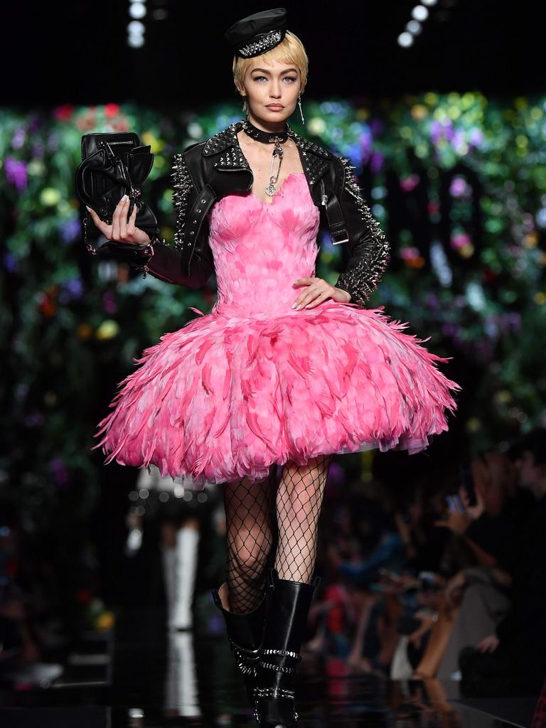 Day two of Milan closed out with a rock’n’roll riot from Moschino, which is under the creative lead of American Jeremy Scott. He has been called the last rebel in fashion and on Thursday did his best to live up to that label. Model Gigi Hadid presents a creation for fashion house Moschino Picture: AFP