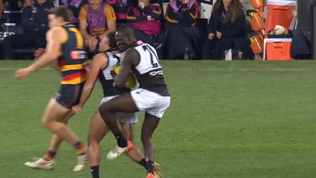 The moment Aliir Aliir and Lachie Jones clash heads in Saturday night’s Showdown. Picture: Fox Sports