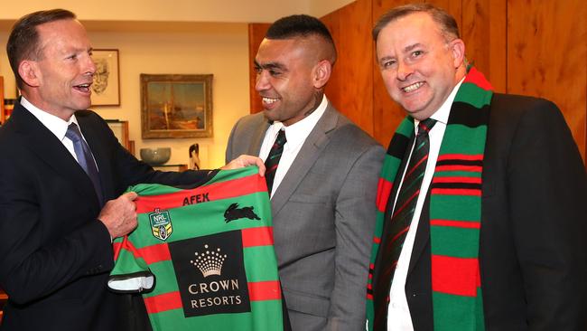 Former PM Tony Abbott, Rabbitohs legend Nathan Merritt and Labor MP and Souths superfan Anthony Albanese pictured in 2014.