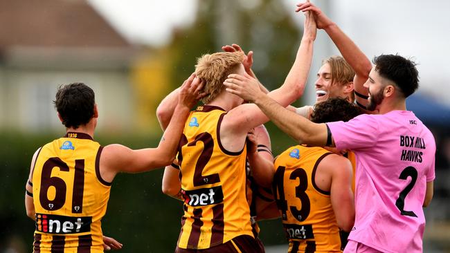 Ryan Maric celebrates a goal for the Box Hill Hawks. Picture: Getty Images